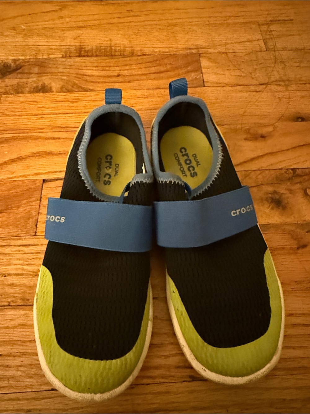 CROCS Kids Black, Lime & Blue Slip-On water shoes
